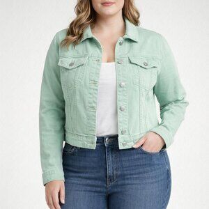 Lucky Brand Mint Green Denim Jacket Womens M Snap Button Stretch Trucker Cropped
